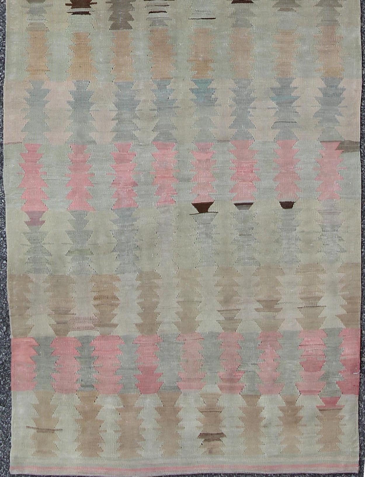 Ivory, Gray, Blue, pink and Blush Antique Turkish Kilim Flat - Weave Runner Geometric all over design design flat - weave Kilim runner from Turkey in neutral, muted colors, rug/EN - 165685, country of origin / type: Turkey / Kilim, circa 1950 F... - Keivan Woven ArtsEN - 165685 - 9466Rug