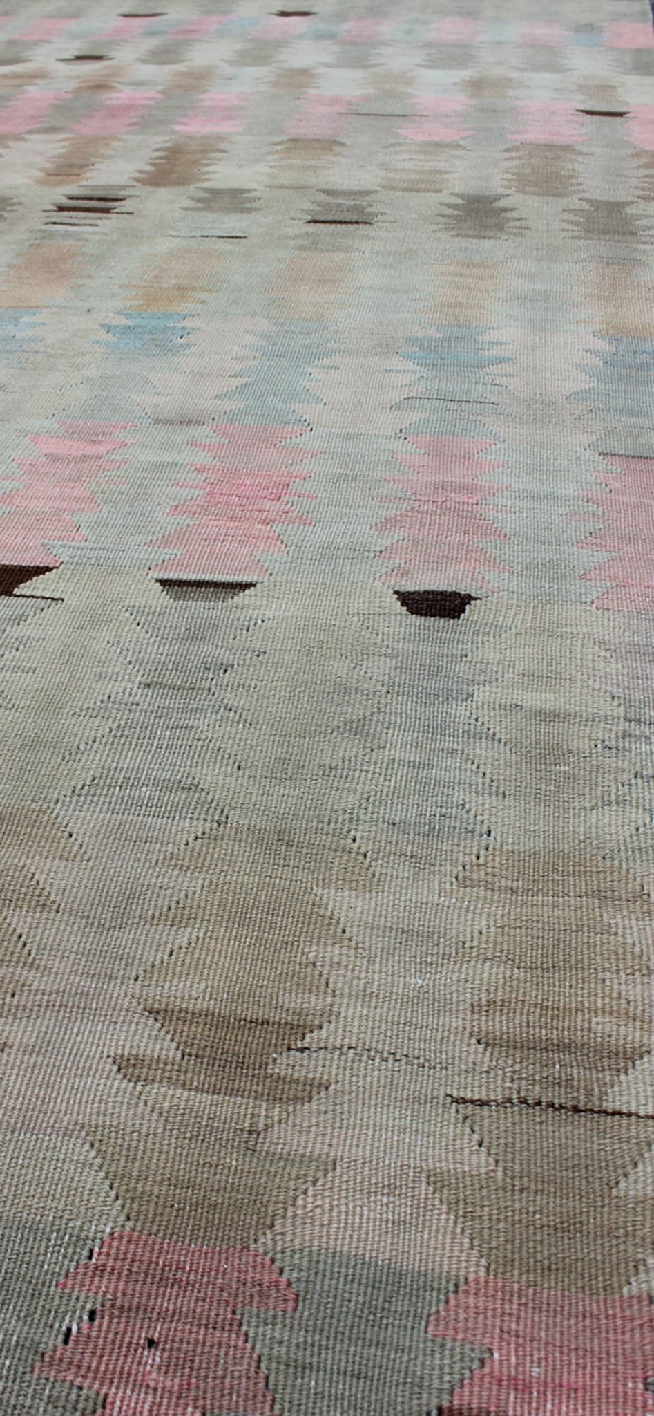 Ivory, Gray, Blue, pink and Blush Antique Turkish Kilim Flat - Weave Runner Geometric all over design design flat - weave Kilim runner from Turkey in neutral, muted colors, rug/EN - 165685, country of origin / type: Turkey / Kilim, circa 1950 F... - Keivan Woven ArtsEN - 165685 - 9466Rug