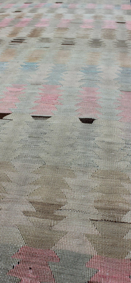 Ivory, Gray, Blue, pink and Blush Antique Turkish Kilim Flat - Weave Runner Geometric all over design design flat - weave Kilim runner from Turkey in neutral, muted colors, rug/EN - 165685, country of origin / type: Turkey / Kilim, circa 1950 F... - Keivan Woven ArtsEN - 165685 - 9466Rug