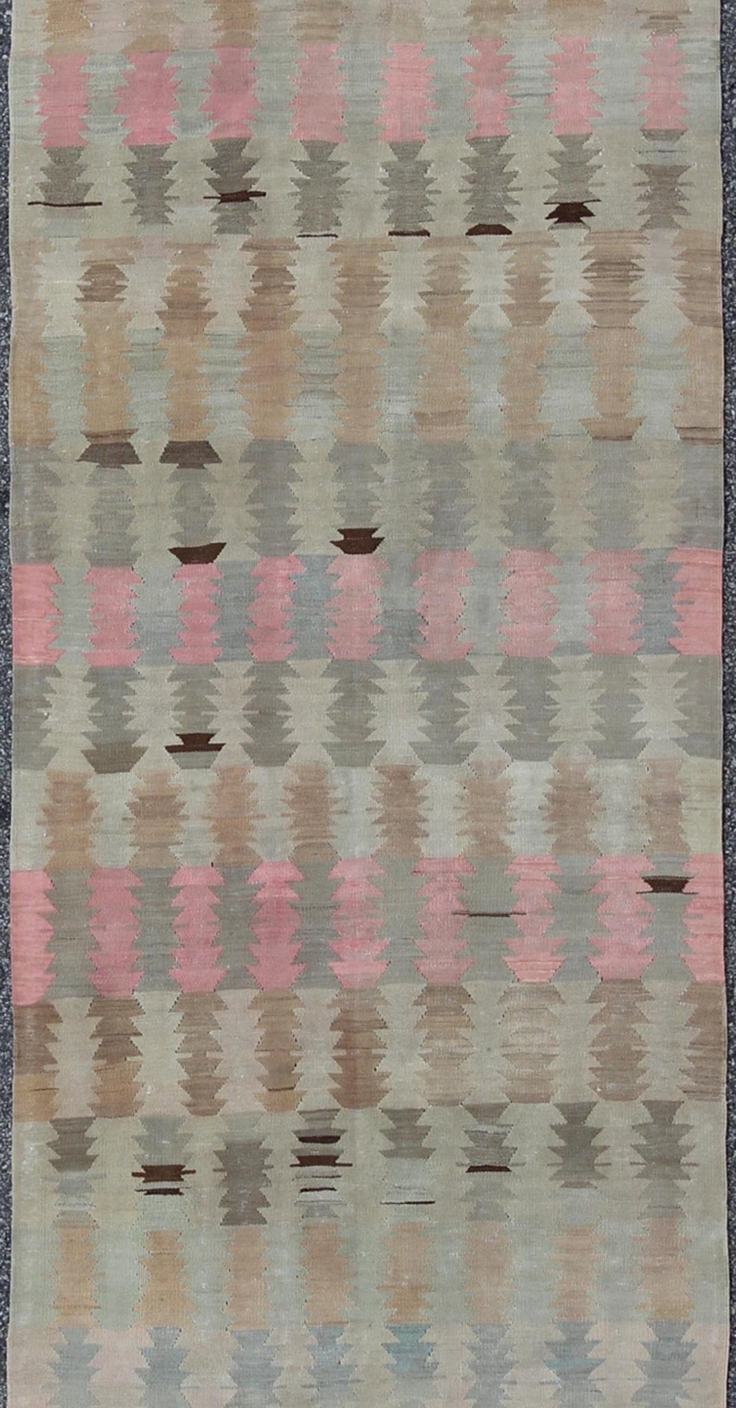 Ivory, Gray, Blue, pink and Blush Antique Turkish Kilim Flat - Weave Runner Geometric all over design design flat - weave Kilim runner from Turkey in neutral, muted colors, rug/EN - 165685, country of origin / type: Turkey / Kilim, circa 1950 F... - Keivan Woven ArtsEN - 165685 - 9466Rug