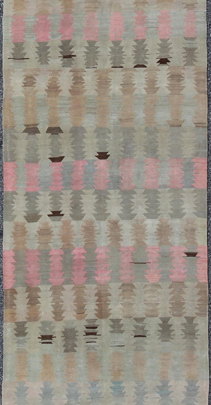 Ivory, Gray, Blue, pink and Blush Antique Turkish Kilim Flat - Weave Runner Geometric all over design design flat - weave Kilim runner from Turkey in neutral, muted colors, rug/EN - 165685, country of origin / type: Turkey / Kilim, circa 1950 F... - Keivan Woven ArtsEN - 165685 - 9466Rug