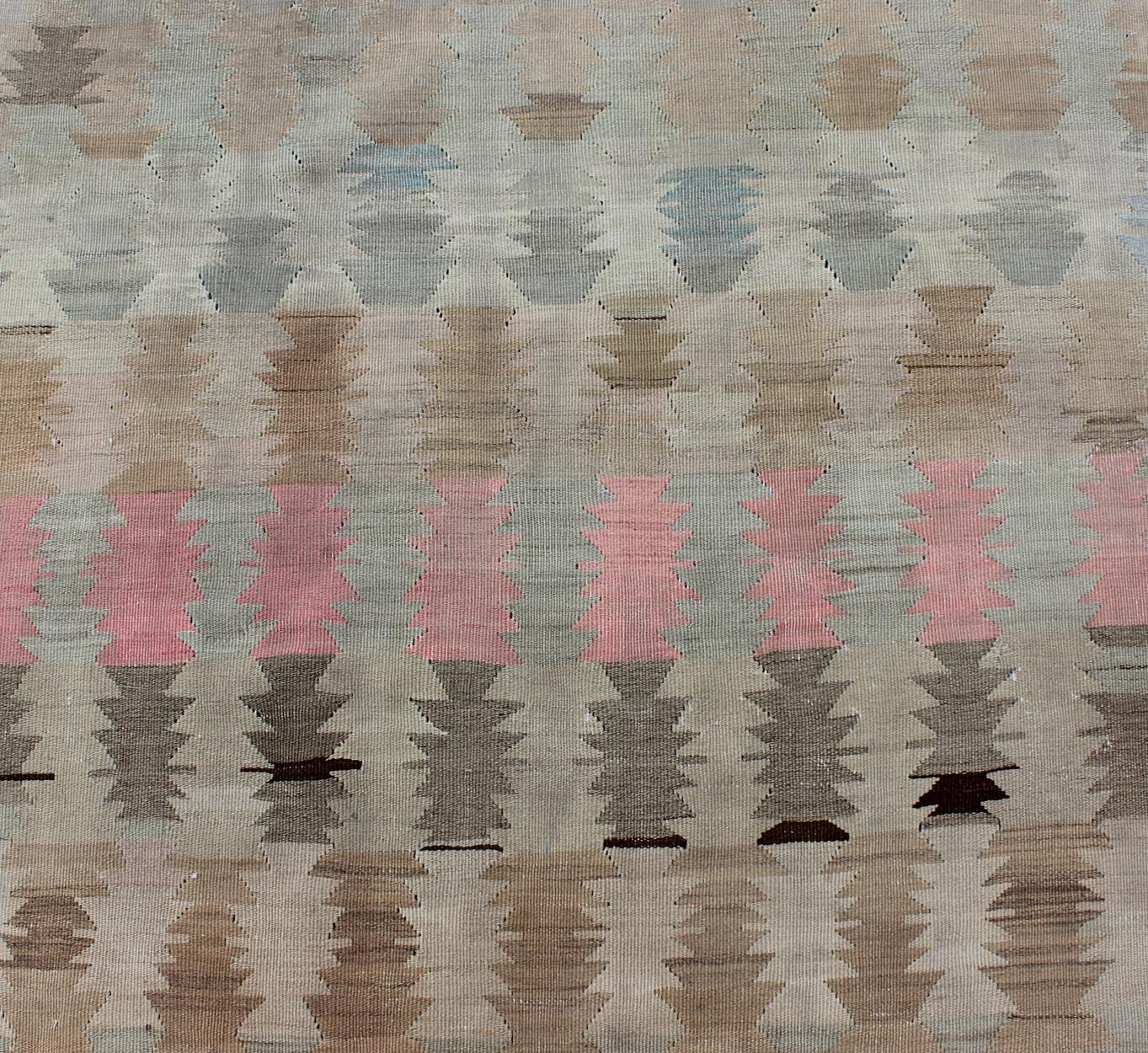Ivory, Gray, Blue, pink and Blush Antique Turkish Kilim Flat - Weave Runner Geometric all over design design flat - weave Kilim runner from Turkey in neutral, muted colors, rug/EN - 165685, country of origin / type: Turkey / Kilim, circa 1950 F... - Keivan Woven ArtsEN - 165685 - 9466Rug
