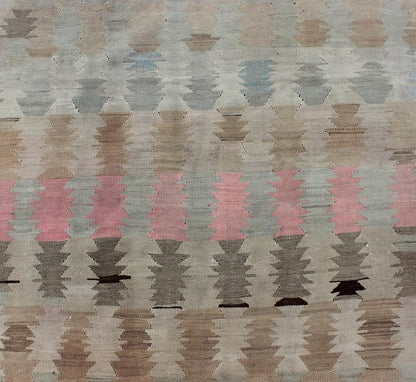 Ivory, Gray, Blue, pink and Blush Antique Turkish Kilim Flat - Weave Runner Geometric all over design design flat - weave Kilim runner from Turkey in neutral, muted colors, rug/EN - 165685, country of origin / type: Turkey / Kilim, circa 1950 F... - Keivan Woven ArtsEN - 165685 - 9466Rug