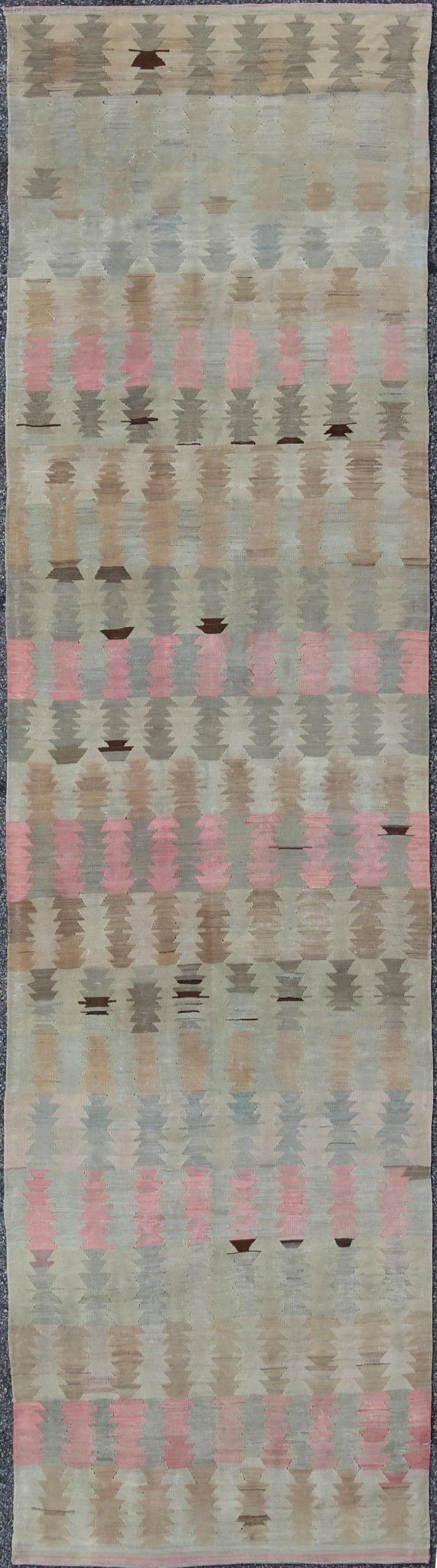 Ivory, Gray, Blue, pink and Blush Antique Turkish Kilim Flat - Weave Runner Geometric all over design design flat - weave Kilim runner from Turkey in neutral, muted colors, rug/EN - 165685, country of origin / type: Turkey / Kilim, circa 1950 F... - Keivan Woven ArtsEN - 165685 - 9466Rug