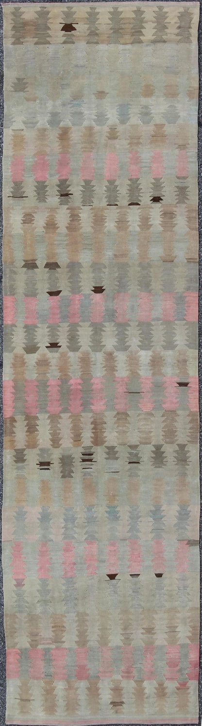 Ivory, Gray, Blue, pink and Blush Antique Turkish Kilim Flat - Weave Runner Geometric all over design design flat - weave Kilim runner from Turkey in neutral, muted colors, rug/EN - 165685, country of origin / type: Turkey / Kilim, circa 1950 F... - Keivan Woven ArtsEN - 165685 - 9466Rug