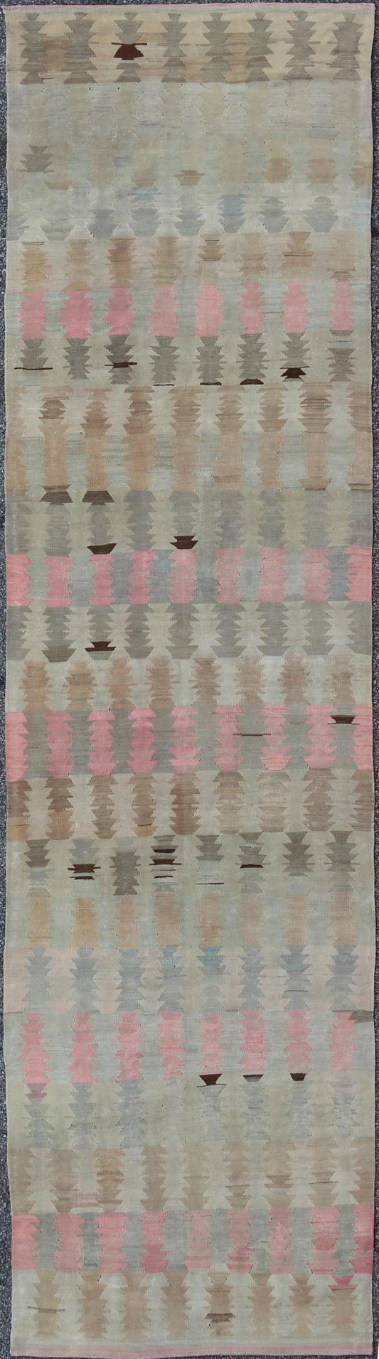 Ivory, Gray, Blue, pink and Blush Antique Turkish Kilim Flat - Weave Runner Geometric all over design design flat - weave Kilim runner from Turkey in neutral, muted colors, rug/EN - 165685, country of origin / type: Turkey / Kilim, circa 1950 F... - Keivan Woven ArtsEN - 165685 - 9466Rug