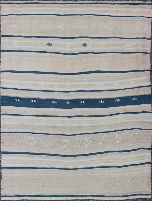 Keivan Woven Arts - Vintage Flat - Weave Kilim with navy Blue, Light Green & Taupe in Striped Design Vintage Flat - woven Kilim blue, rug EN - 165688, country of origin / type: Turkey / Kilim, circa 1950 This Turkish Kilim flat - woven is perfectly s... - Keivan Woven ArtsEN - 165688 - 9472Rug
