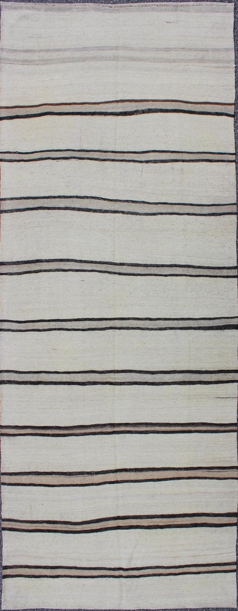 Minimalist Design Vintage Turkish Kilim Runner with Creams, Brown and Taupe Minimalist design with traces of stripes Kilim runner in cream, light brown and taupe, Keivan Woven Arts / rug EN - 165689, country of origin / type: Turkey / Kilim, circa... - Keivan Woven ArtsEN - 165689 - 9476Rug