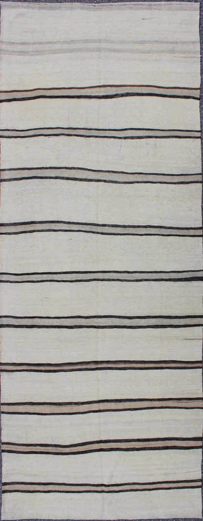 Minimalist Design Vintage Turkish Kilim Runner with Creams, Brown and Taupe Minimalist design with traces of stripes Kilim runner in cream, light brown and taupe, Keivan Woven Arts / rug EN - 165689, country of origin / type: Turkey / Kilim, circa... - Keivan Woven ArtsEN - 165689 - 9476Rug