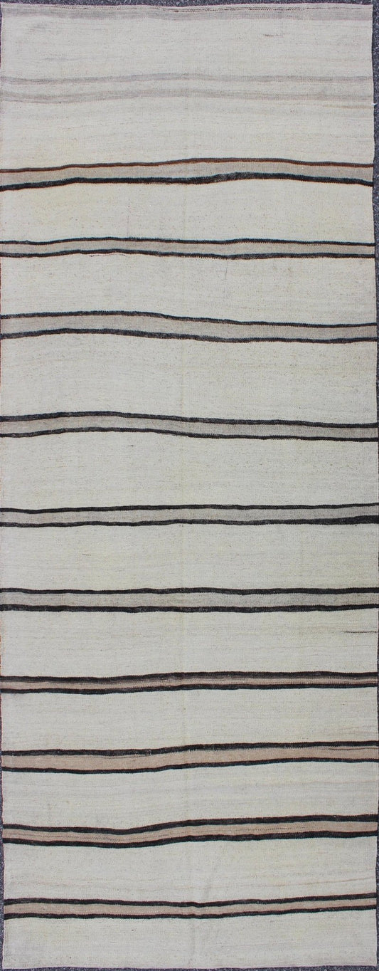 Minimalist Design Vintage Turkish Kilim Runner with Creams, Brown and Taupe Minimalist design with traces of stripes Kilim runner in cream, light brown and taupe, Keivan Woven Arts / rug EN - 165689, country of origin / type: Turkey / Kilim, circa... - Keivan Woven ArtsEN - 165689 - 9476Rug