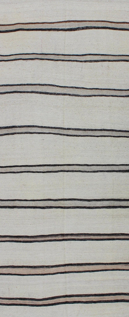 Minimalist Design Vintage Turkish Kilim Runner with Creams, Brown and Taupe Minimalist design with traces of stripes Kilim runner in cream, light brown and taupe, Keivan Woven Arts / rug EN - 165689, country of origin / type: Turkey / Kilim, circa... - Keivan Woven ArtsEN - 165689 - 9476Rug