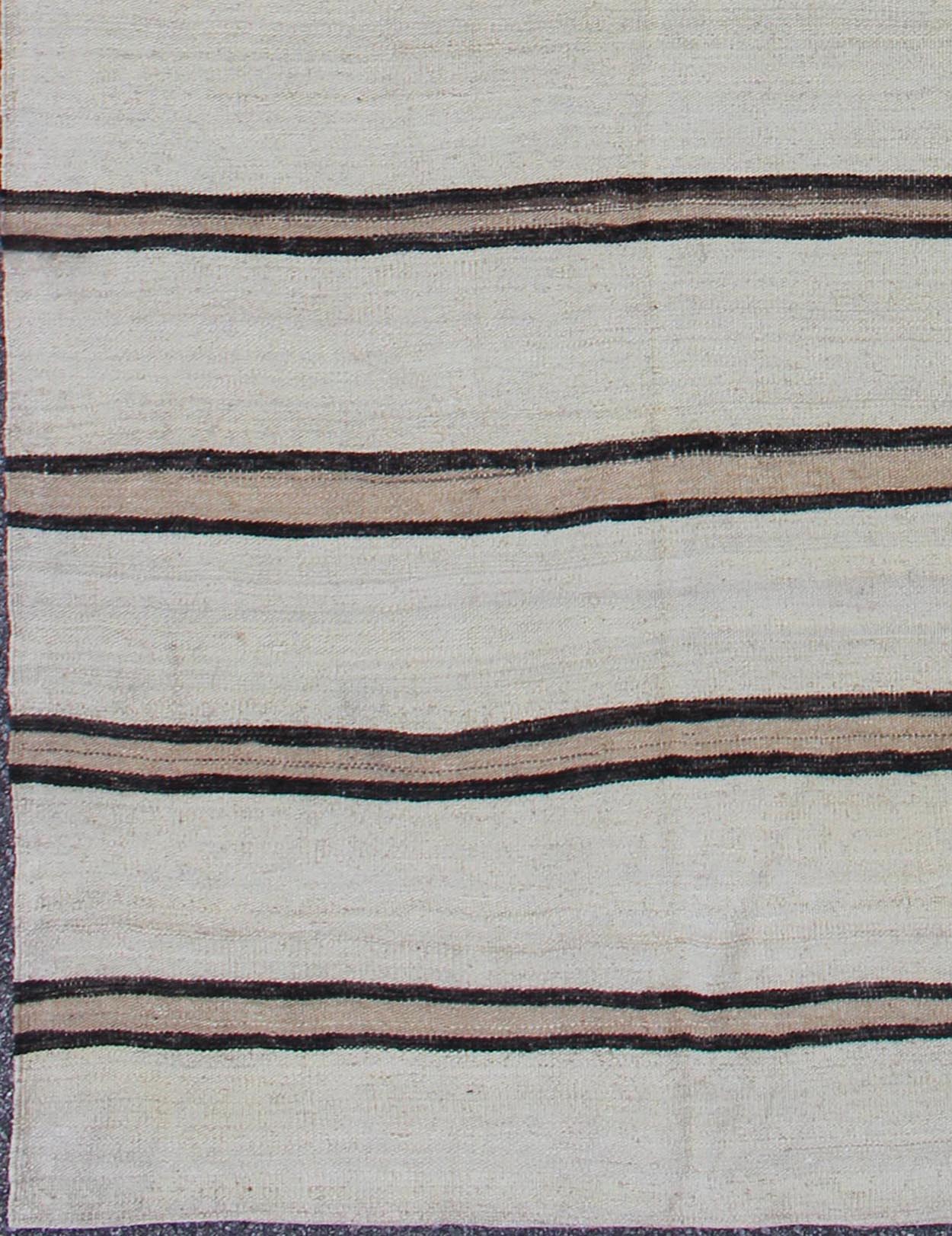 Minimalist Design Vintage Turkish Kilim Runner with Creams, Brown and Taupe Minimalist design with traces of stripes Kilim runner in cream, light brown and taupe, Keivan Woven Arts / rug EN - 165689, country of origin / type: Turkey / Kilim, circa... - Keivan Woven ArtsEN - 165689 - 9476Rug