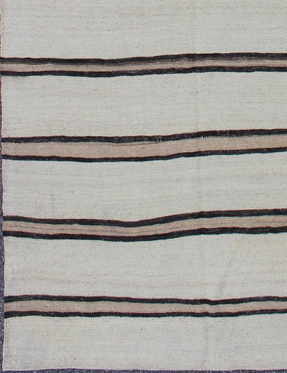 Minimalist Design Vintage Turkish Kilim Runner with Creams, Brown and Taupe Minimalist design with traces of stripes Kilim runner in cream, light brown and taupe, Keivan Woven Arts / rug EN - 165689, country of origin / type: Turkey / Kilim, circa... - Keivan Woven ArtsEN - 165689 - 9476Rug