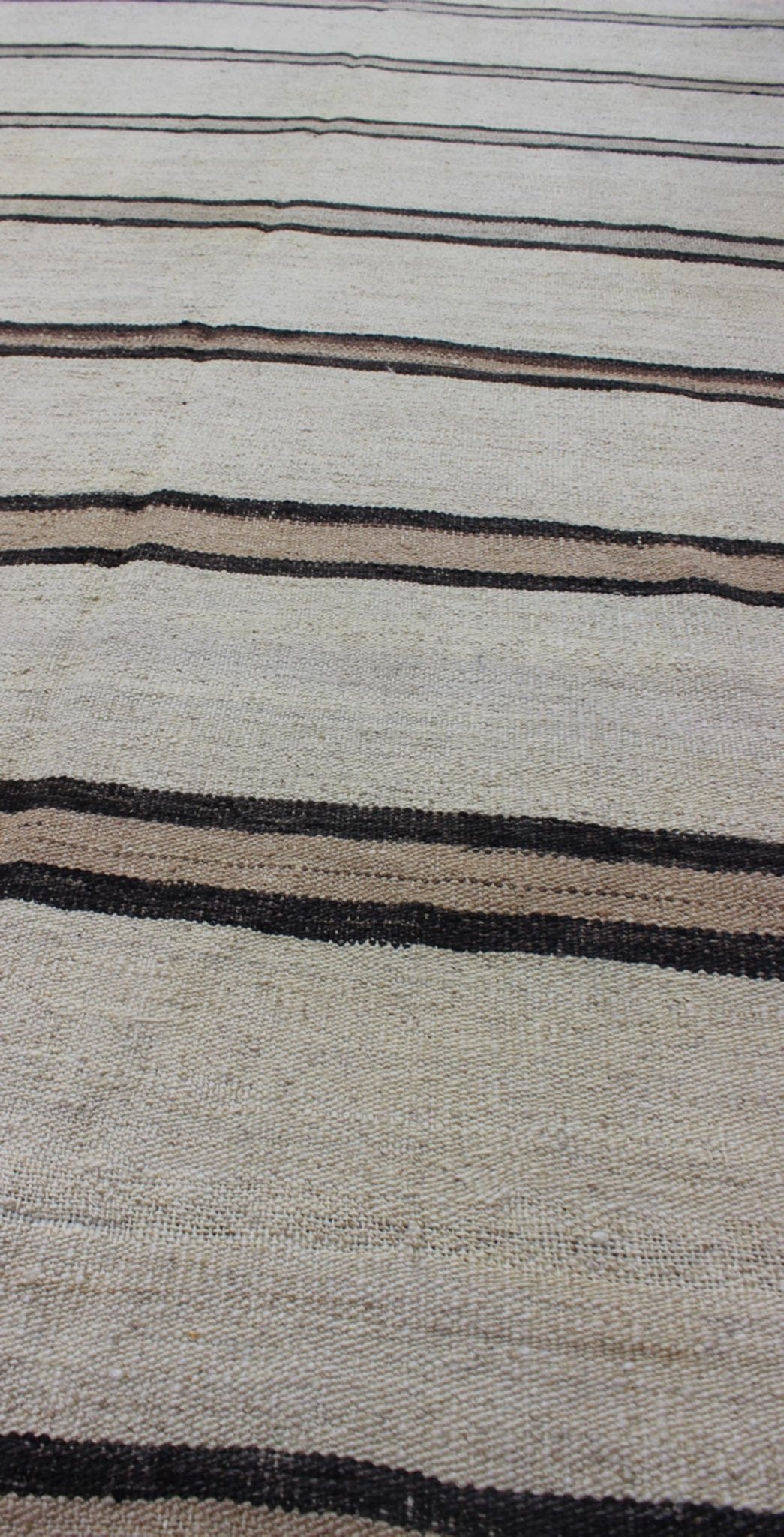 Minimalist Design Vintage Turkish Kilim Runner with Creams, Brown and Taupe Minimalist design with traces of stripes Kilim runner in cream, light brown and taupe, Keivan Woven Arts / rug EN - 165689, country of origin / type: Turkey / Kilim, circa... - Keivan Woven ArtsEN - 165689 - 9476Rug