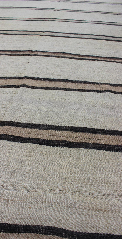 Minimalist Design Vintage Turkish Kilim Runner with Creams, Brown and Taupe Minimalist design with traces of stripes Kilim runner in cream, light brown and taupe, Keivan Woven Arts / rug EN - 165689, country of origin / type: Turkey / Kilim, circa... - Keivan Woven ArtsEN - 165689 - 9476Rug