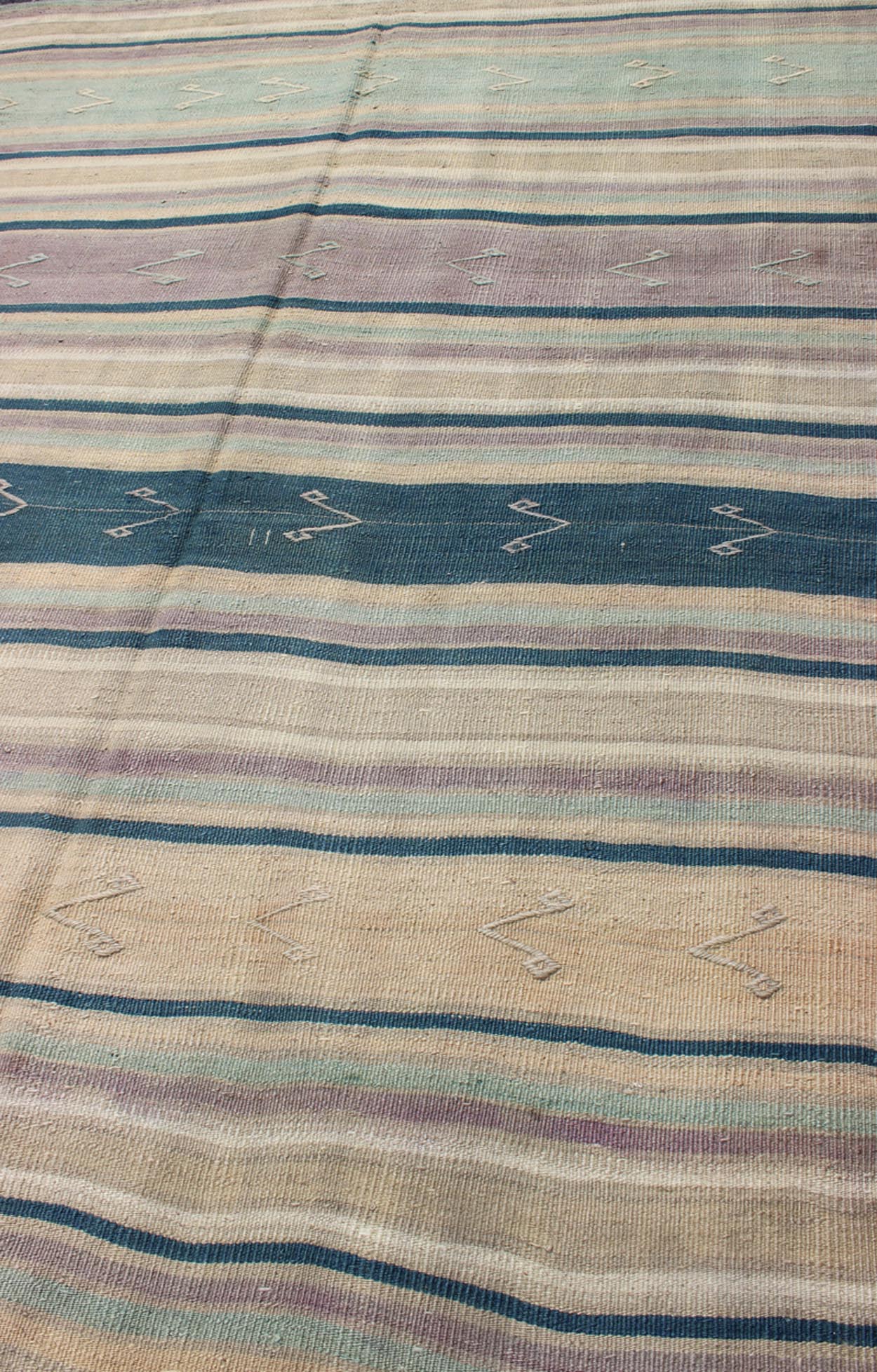 Turkish Flat Weave Kilim with Striped Design and Tribal Motifs Flat - woven Kilim runner in pink, light blue, ivory, and blue, rug EN - 165691, country of origin / type: Turkey / Kilim, circa 1950 This Turkish Kilim flat - woven is perfectly su... - Keivan Woven ArtsEN - 165691 - 10468Rug