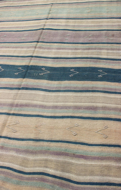 Turkish Flat Weave Kilim with Striped Design and Tribal Motifs Flat - woven Kilim runner in pink, light blue, ivory, and blue, rug EN - 165691, country of origin / type: Turkey / Kilim, circa 1950 This Turkish Kilim flat - woven is perfectly su... - Keivan Woven ArtsEN - 165691 - 10468Rug