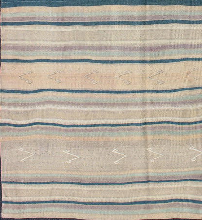 Turkish Flat Weave Kilim with Striped Design and Tribal Motifs Flat - woven Kilim runner in pink, light blue, ivory, and blue, rug EN - 165691, country of origin / type: Turkey / Kilim, circa 1950 This Turkish Kilim flat - woven is perfectly su... - Keivan Woven ArtsEN - 165691 - 10468Rug