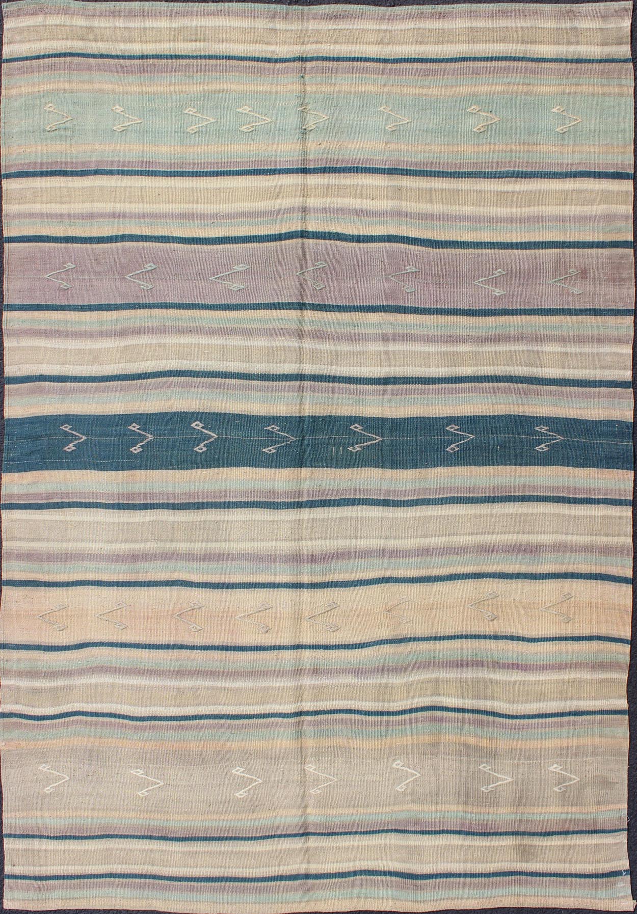 Turkish Flat Weave Kilim with Striped Design and Tribal Motifs Flat - woven Kilim runner in pink, light blue, ivory, and blue, rug EN - 165691, country of origin / type: Turkey / Kilim, circa 1950 This Turkish Kilim flat - woven is perfectly su... - Keivan Woven ArtsEN - 165691 - 10468Rug