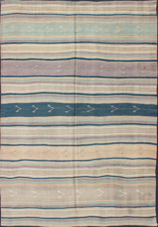 Turkish Flat Weave Kilim with Striped Design and Tribal Motifs Flat - woven Kilim runner in pink, light blue, ivory, and blue, rug EN - 165691, country of origin / type: Turkey / Kilim, circa 1950 This Turkish Kilim flat - woven is perfectly su... - Keivan Woven ArtsEN - 165691 - 10468Rug