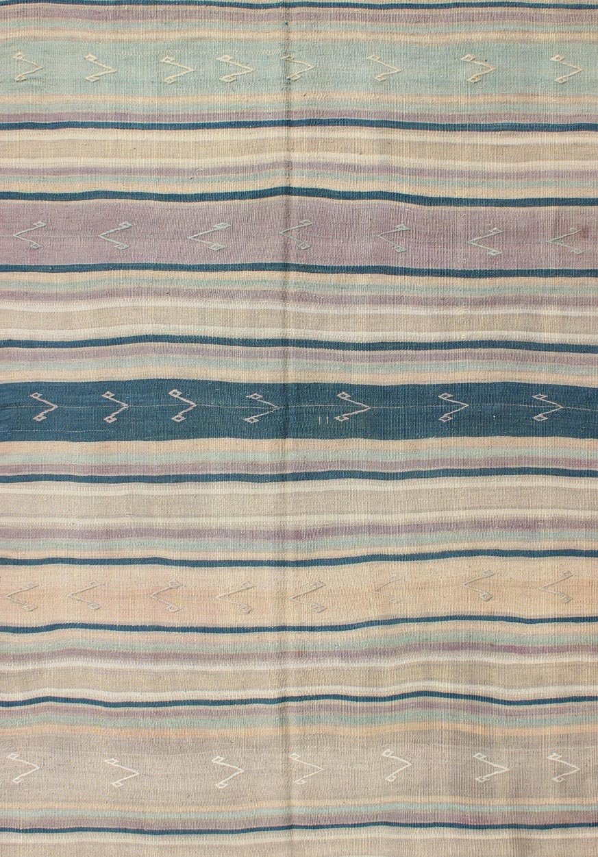 Turkish Flat Weave Kilim with Striped Design and Tribal Motifs Flat - woven Kilim runner in pink, light blue, ivory, and blue, rug EN - 165691, country of origin / type: Turkey / Kilim, circa 1950 This Turkish Kilim flat - woven is perfectly su... - Keivan Woven ArtsEN - 165691 - 10468Rug