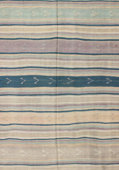 Turkish Flat Weave Kilim with Striped Design and Tribal Motifs Flat - woven Kilim runner in pink, light blue, ivory, and blue, rug EN - 165691, country of origin / type: Turkey / Kilim, circa 1950 This Turkish Kilim flat - woven is perfectly su... - Keivan Woven ArtsEN - 165691 - 10468Rug