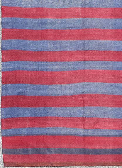 Vintage Striped Turkish Kilim with Casual Modern Design in Red and Blue Red and blue Vintage striped Turkish Kilim suited for modern casual interiors. Kilim rug with stripes, Keivan Woven Arts / rug/ EN - 165696, country of origin / type: turkey /... - Keivan Woven ArtsEN - 165696 - 9480Rug