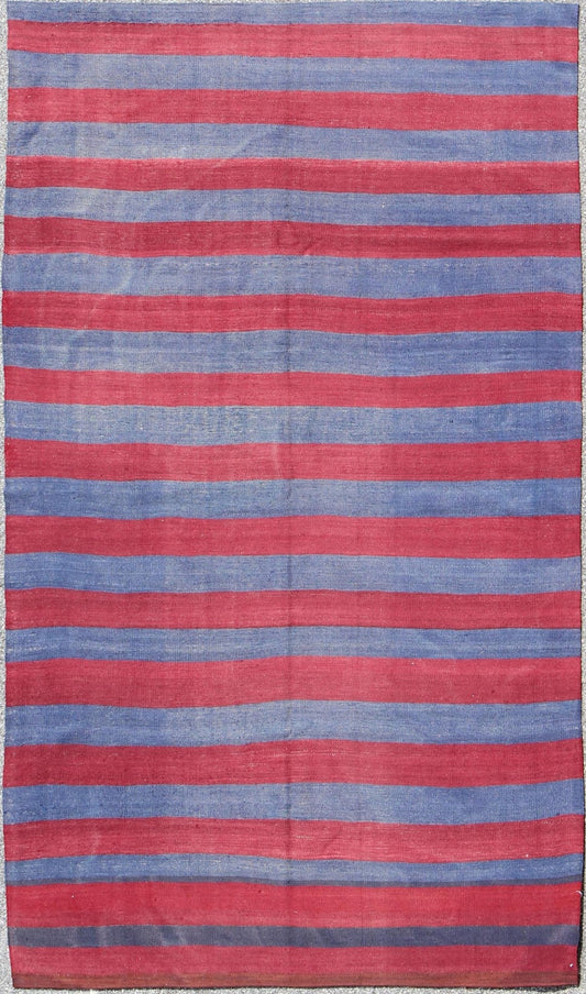 Vintage Striped Turkish Kilim with Casual Modern Design in Red and Blue Red and blue Vintage striped Turkish Kilim suited for modern casual interiors. Kilim rug with stripes, Keivan Woven Arts / rug/ EN - 165696, country of origin / type: turkey /... - Keivan Woven ArtsEN - 165696 - 9480