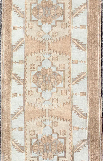Vintage Oushak Turkish Runner with Geometric Design in Ice Blue, Brown and Taupe vintage Turkish runner with geometric design in ice blue and taupe Vintage Oushak runner from Turkey with Medallion design in various color tones, Keivan Woven A... - Keivan Woven ArtsEN - 165724 - 9384Rug