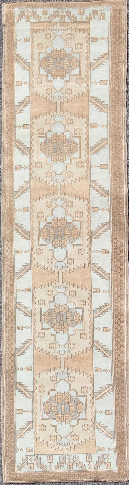 Vintage Oushak Turkish Runner with Geometric Design in Ice Blue, Brown and Taupe vintage Turkish runner with geometric design in ice blue and taupe Vintage Oushak runner from Turkey with Medallion design in various color tones, Keivan Woven A... - Keivan Woven ArtsEN - 165724 - 9384Rug
