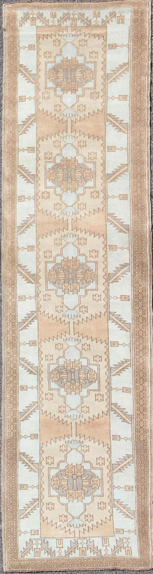 Vintage Oushak Turkish Runner with Geometric Design in Ice Blue, Brown and Taupe vintage Turkish runner with geometric design in ice blue and taupe Vintage Oushak runner from Turkey with Medallion design in various color tones, Keivan Woven A... - Keivan Woven ArtsEN - 165724 - 9384Rug
