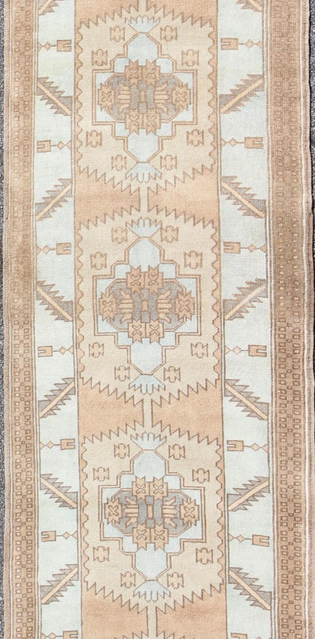 Vintage Oushak Turkish Runner with Geometric Design in Ice Blue, Brown and Taupe vintage Turkish runner with geometric design in ice blue and taupe Vintage Oushak runner from Turkey with Medallion design in various color tones, Keivan Woven A... - Keivan Woven ArtsEN - 165724 - 9384Rug