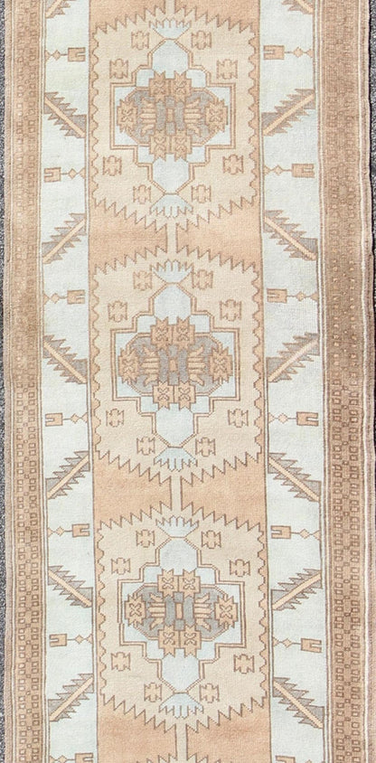 Vintage Oushak Turkish Runner with Geometric Design in Ice Blue, Brown and Taupe vintage Turkish runner with geometric design in ice blue and taupe Vintage Oushak runner from Turkey with Medallion design in various color tones, Keivan Woven A... - Keivan Woven ArtsEN - 165724 - 9384Rug