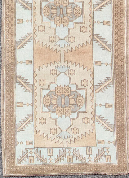 Vintage Oushak Turkish Runner with Geometric Design in Ice Blue, Brown and Taupe vintage Turkish runner with geometric design in ice blue and taupe Vintage Oushak runner from Turkey with Medallion design in various color tones, Keivan Woven A... - Keivan Woven ArtsEN - 165724 - 9384Rug