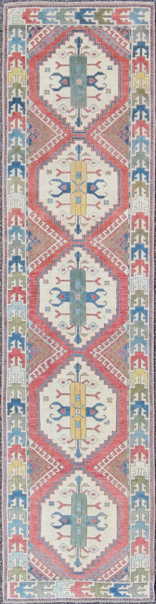 Colorful Vintage Oushak Turkish Narrow Runner with Geometric Design. Vintage Hand Knotted Oushak Turkish Runner With Geometric Design Vintage Oushak runner from Turkey with Medallion design in various blue and tan tones, Keivan Woven Arts... - Keivan Woven ArtsEN - 165744 - 9484Rug