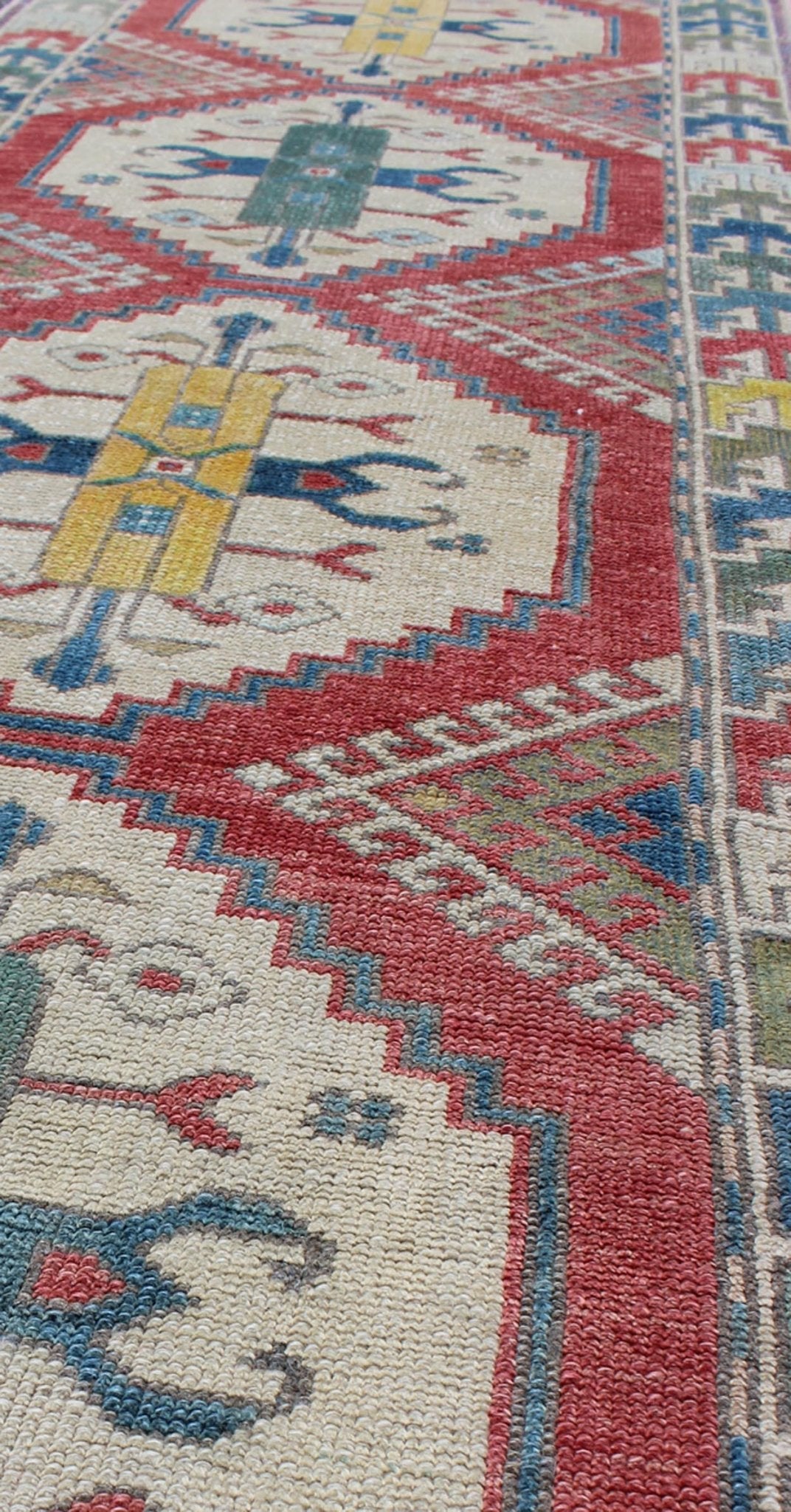 Colorful Vintage Oushak Turkish Narrow Runner with Geometric Design. Vintage Hand Knotted Oushak Turkish Runner With Geometric Design Vintage Oushak runner from Turkey with Medallion design in various blue and tan tones, Keivan Woven Arts... - Keivan Woven ArtsEN - 165744 - 9484Rug