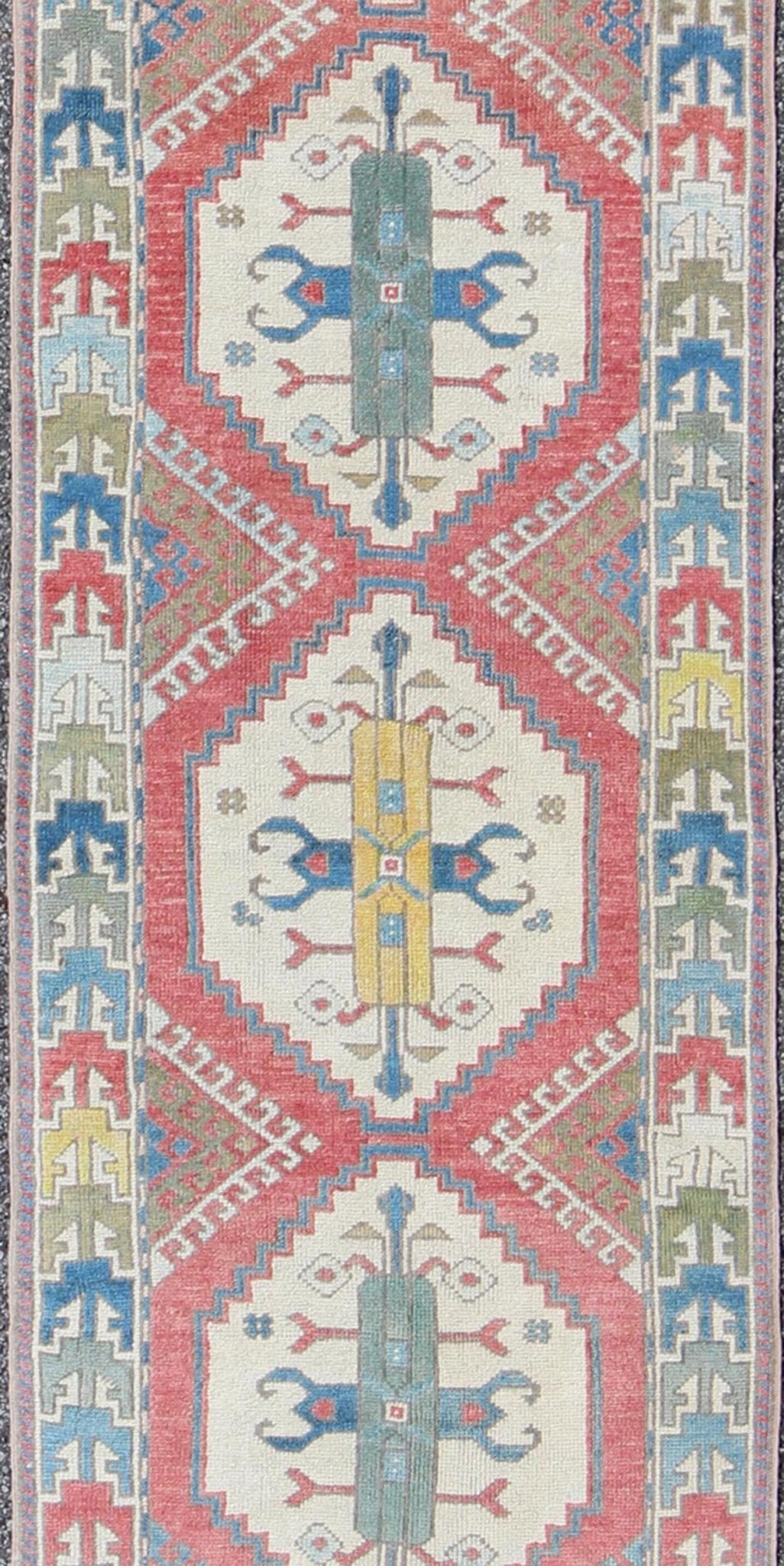 Colorful Vintage Oushak Turkish Narrow Runner with Geometric Design. Vintage Hand Knotted Oushak Turkish Runner With Geometric Design Vintage Oushak runner from Turkey with Medallion design in various blue and tan tones, Keivan Woven Arts... - Keivan Woven ArtsEN - 165744 - 9484Rug