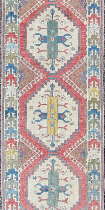 Colorful Vintage Oushak Turkish Narrow Runner with Geometric Design. Vintage Hand Knotted Oushak Turkish Runner With Geometric Design Vintage Oushak runner from Turkey with Medallion design in various blue and tan tones, Keivan Woven Arts... - Keivan Woven ArtsEN - 165744 - 9484Rug