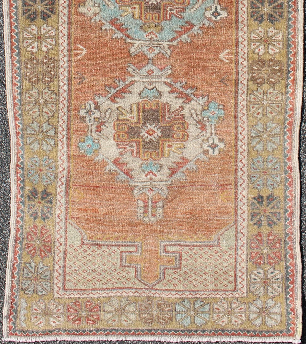 Colorful Vintage Oushak Runner with Medallion Design in Terracotta & Light Blue. Colorful Turkish vintage Oushak runner in terracotta, taupe, and light blue, rug EN - 165755, country of origin / type: Turkey / Oushak, circa 1940. This vint... - Keivan Woven ArtsEN - 165755 - 9488Rug