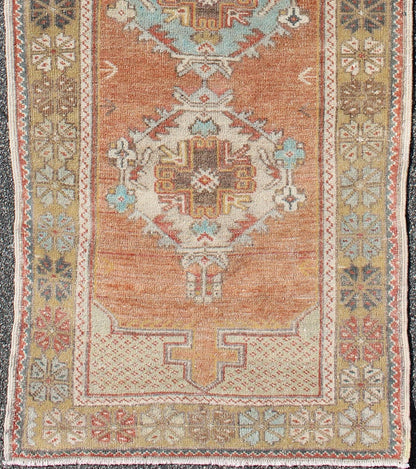 Colorful Vintage Oushak Runner with Medallion Design in Terracotta & Light Blue. Colorful Turkish vintage Oushak runner in terracotta, taupe, and light blue, rug EN - 165755, country of origin / type: Turkey / Oushak, circa 1940. This vint... - Keivan Woven ArtsEN - 165755 - 9488Rug