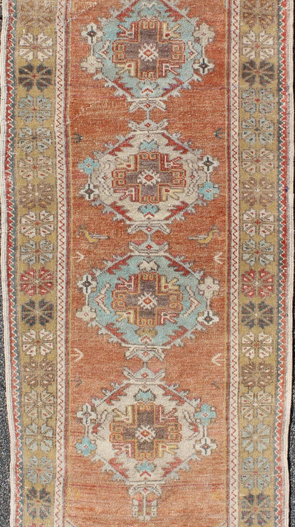 Colorful Vintage Oushak Runner with Medallion Design in Terracotta & Light Blue. Colorful Turkish vintage Oushak runner in terracotta, taupe, and light blue, rug EN - 165755, country of origin / type: Turkey / Oushak, circa 1940. This vint... - Keivan Woven ArtsEN - 165755 - 9488Rug