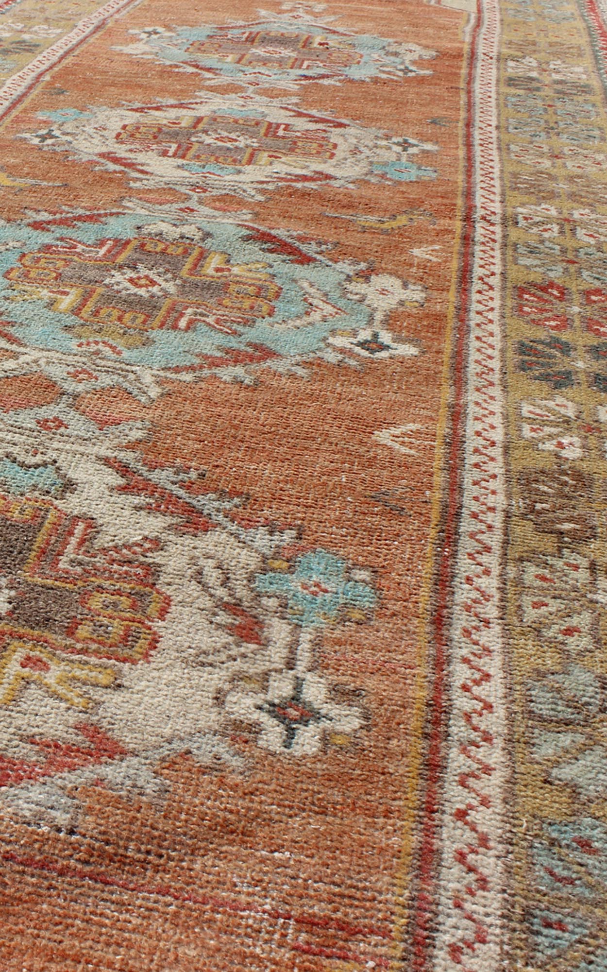 Colorful Vintage Oushak Runner with Medallion Design in Terracotta & Light Blue. Colorful Turkish vintage Oushak runner in terracotta, taupe, and light blue, rug EN - 165755, country of origin / type: Turkey / Oushak, circa 1940. This vint... - Keivan Woven ArtsEN - 165755 - 9488Rug