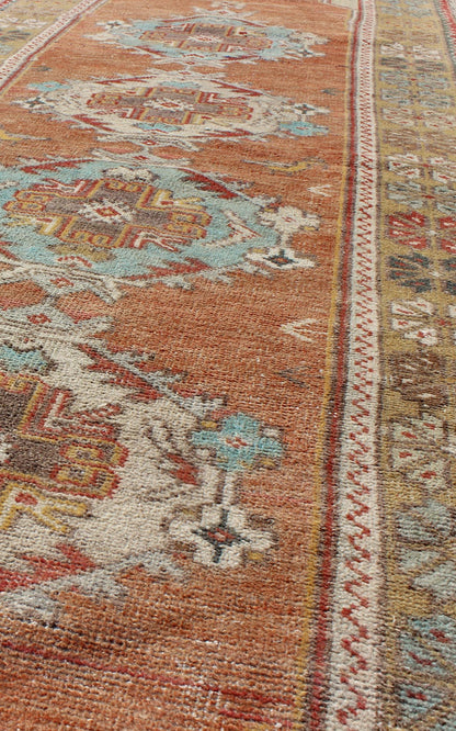 Colorful Vintage Oushak Runner with Medallion Design in Terracotta & Light Blue. Colorful Turkish vintage Oushak runner in terracotta, taupe, and light blue, rug EN - 165755, country of origin / type: Turkey / Oushak, circa 1940. This vint... - Keivan Woven ArtsEN - 165755 - 9488Rug