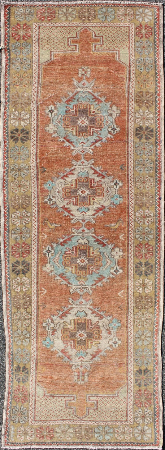 Colorful Vintage Oushak Runner with Medallion Design in Terracotta & Light Blue. Colorful Turkish vintage Oushak runner in terracotta, taupe, and light blue, rug EN - 165755, country of origin / type: Turkey / Oushak, circa 1940. This vint... - Keivan Woven ArtsEN - 165755 - 9488Rug
