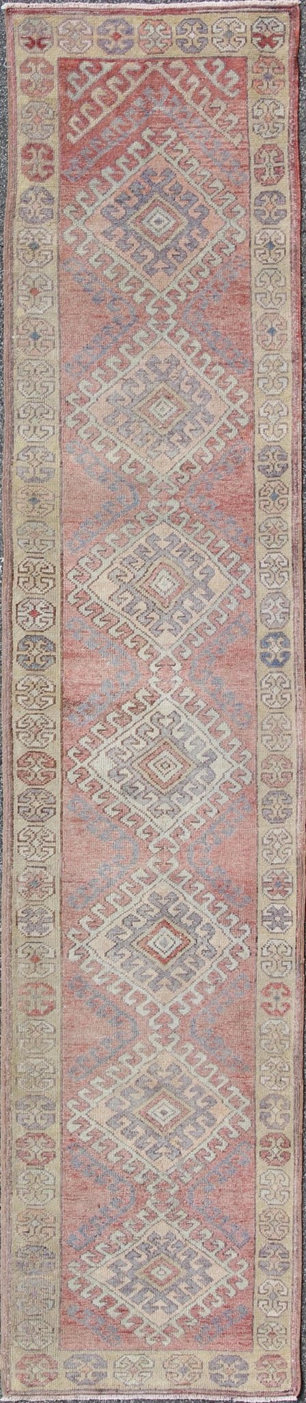 Vintage Turkish Oushak Runner With Latch Hook Medallions in Soft Muted Colors Multi - toned Turkish vintage Medallion Oushak runner carpet. Keivan Woven Arts / rug en - 165756, country of origin / type: Turkey / Oushak, circa 1940 This Oushak... - Keivan Woven ArtsEN - 165756 - 9492Rug