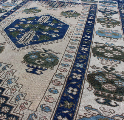 Blue and Green Geometric Oushak Vintage Rug with Medallion. Vintage Oushak carpet in geometric design with variety of blue colors, green, taupe, tan and ivory. rug/EN - 165827, country of origin / type: Turkey / Oushak, circa 1950 This ... - Keivan Woven ArtsEN - 165827 - 9500Rug