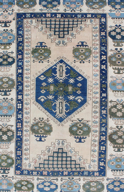 Blue and Green Geometric Oushak Vintage Rug with Medallion. Vintage Oushak carpet in geometric design with variety of blue colors, green, taupe, tan and ivory. rug/EN - 165827, country of origin / type: Turkey / Oushak, circa 1950 This ... - Keivan Woven ArtsEN - 165827 - 9500Rug