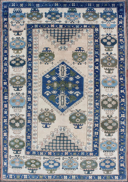 Blue and Green Geometric Oushak Vintage Rug with Medallion. Vintage Oushak carpet in geometric design with variety of blue colors, green, taupe, tan and ivory. rug/EN - 165827, country of origin / type: Turkey / Oushak, circa 1950 This ... - Keivan Woven ArtsEN - 165827 - 9500Rug