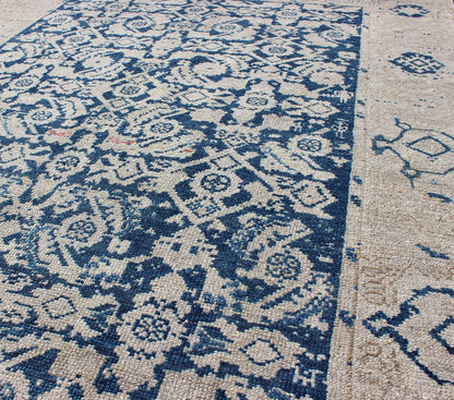 Antique Persian Distressed Malayer Rug With All - Over Herati Design in Navy Blue & Earth Tones. All - over blue geometric Herati design Persian Antique Malayer distressed rug in navy blue and earthy tones. Antique Persian rug in navy tones with geo... - Keivan Woven ArtsEN - 165849 - 9504Rug