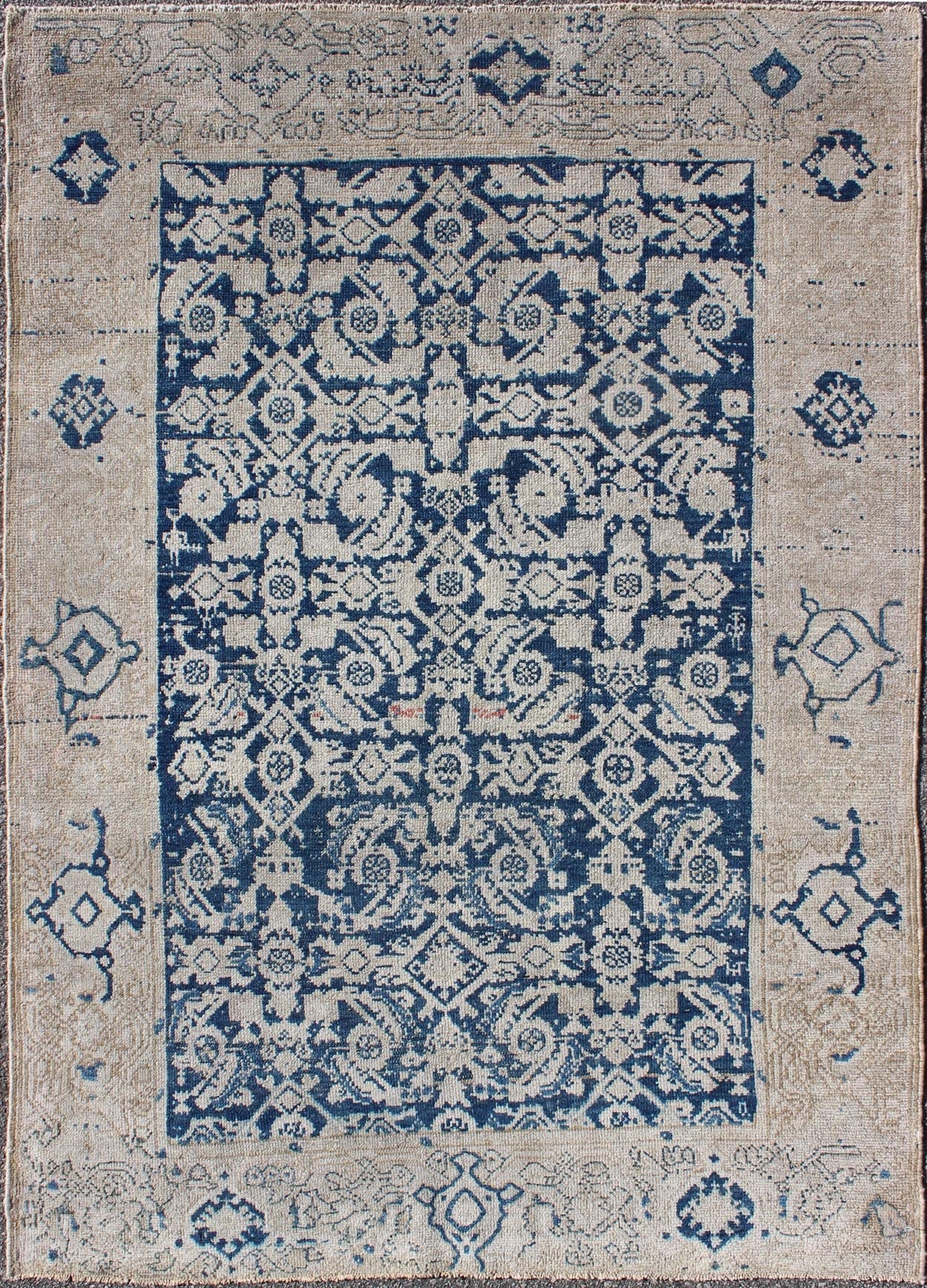 Antique Persian Distressed Malayer Rug With All - Over Herati Design in Navy Blue & Earth Tones. All - over blue geometric Herati design Persian Antique Malayer distressed rug in navy blue and earthy tones. Antique Persian rug in navy tones with geo... - Keivan Woven ArtsEN - 165849 - 9504